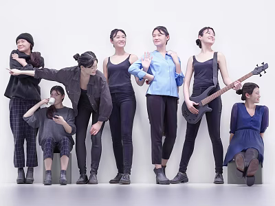 Women in Different Poses Standing and Sitting with One Holding Guitar on White Background 3d model