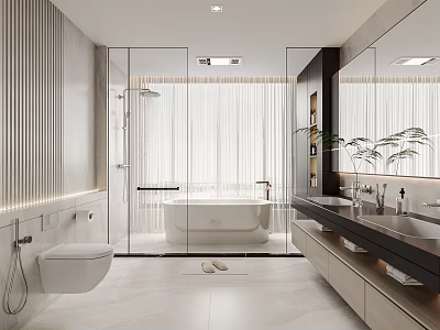 Modern Bathroom Interior Design With Glass Shower Bathtub Double Sink Vanity And Plants 3d model