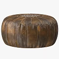 Round Brown Leather Stool With White Embroidered Pattern And Textured Surface 3d model