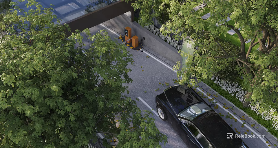 Garden Landscape Design With Lush Trees Green Leaves Road And Black Car 3d model 