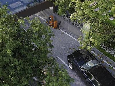 Garden Landscape Design With Lush Trees Green Leaves Road And Black Car 3d model