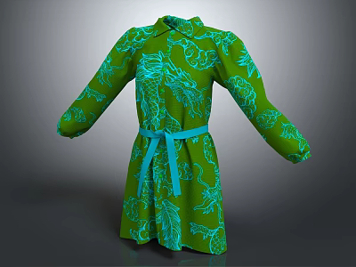 Green Leaf Pattern Dress With Blue Belt And Long Sleeves Design 3d model