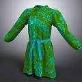 Green Leaf Pattern Dress With Blue Belt And Long Sleeves Design