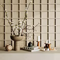 Elegant Decorative Ornament Combination With Wooden Grid Background White Flowering Branches Vase Candles And Books