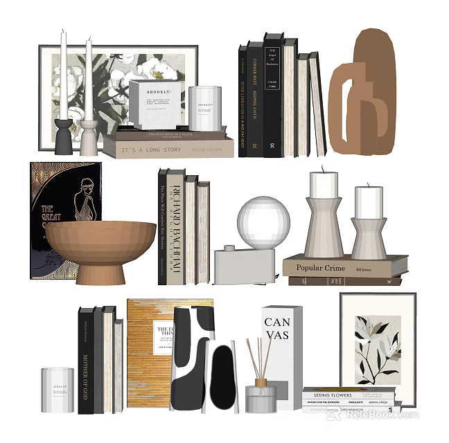 Modern Decorative Ornament Combination With Books Candle Holders Vases And Art Prints 3d model 