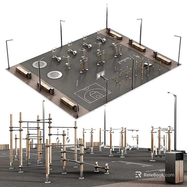 Outdoor Fitness Area With Parallel Bars Pull Up Bars And Basketball Court Design 3d model 