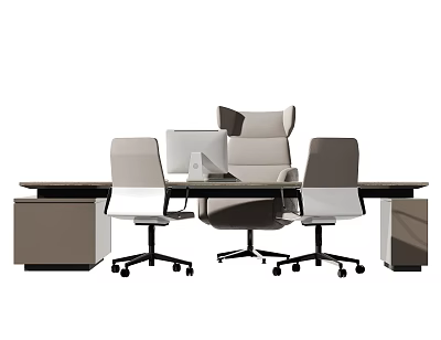 Modern Office Desk Setup With Ergonomic Chairs Computer Monitor And Side Cabinets 3d model