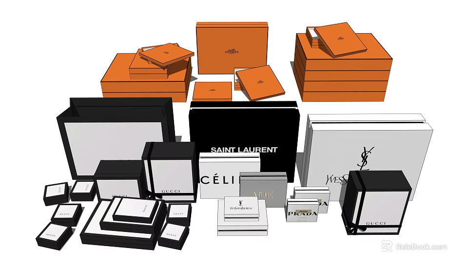 Decorative Ornament Set with YSL CELINE Saint Laurent Brand Orange Black White Stacked Boxes 3d model 
