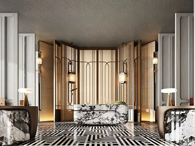 Elegant Modern Hotel Lobby Interior Design Featuring Marble Reception Desk Geometric Flooring And Wooden Screens 3d model