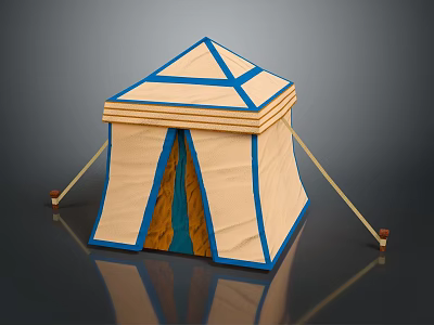 Geometric Shaped Tent Furniture with Beige Fabric Blue Trim And Wooden Support Poles 3d model