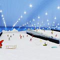 Indoor Ski Resort With People Skiing On Snow Slopes And Bright Ceiling Lights