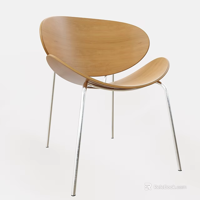 Modern Single Chair With Wooden Curved Seat And Metal Legs Design 3d model 