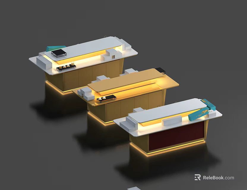 Modern Display Shelves with LED Lighting and White Gold Design for Retail Showrooms 3d model 