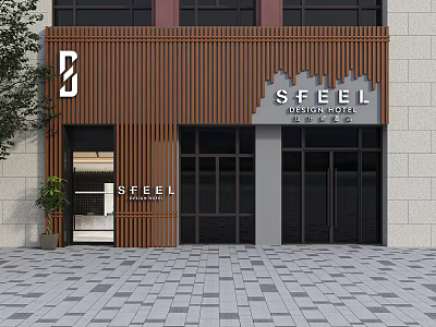 Modern Storefront with Wooden Slats Logo SFEEL Sign Glass Doors and Potted Plant 3d model