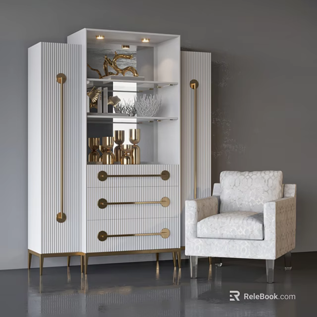 Modern White Decorative Cabinet With Vertical Stripes Gold Accents Open Shelves And Drawers 3d model 