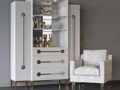 Modern White Decorative Cabinet With Vertical Stripes Gold Accents Open Shelves And Drawers 3d model