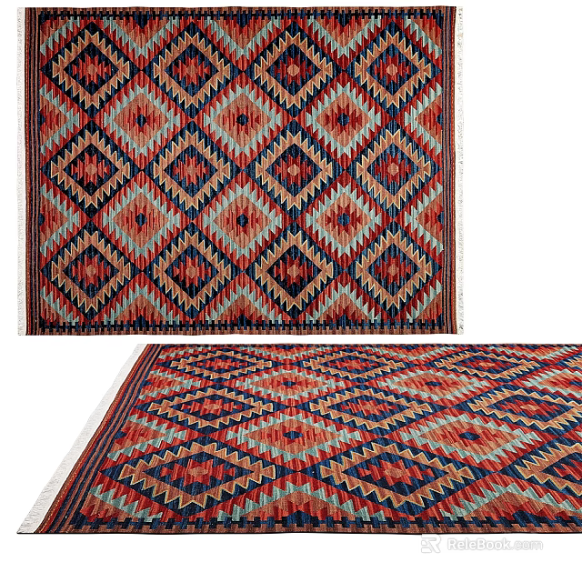 Multicolor Square Area Rug With Geometric Diamond Pattern And Tassel Edges 3d model