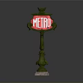 Vintage Metro Sign Structure With Green Decorative Pole And Red Panel