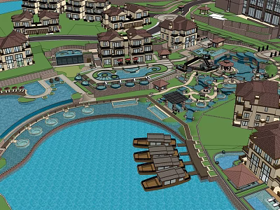 Waterfront Residential Community With Villas Boats And Green Landscape Design 3d model