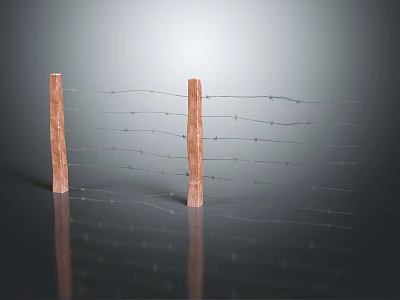 Wooden Fence With Barbed Wire And Wooden Posts Showing Reflection On Gray Surface 3d model