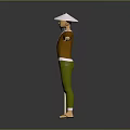 Man In Brown Shirt Green Pants White Conical Hat Arms Outstretched Next To Hay Fork