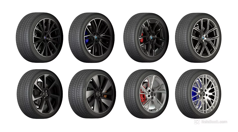 Tires with Various Stylish Alloy Wheel Designs and Color Accents for Vehicles 3d model