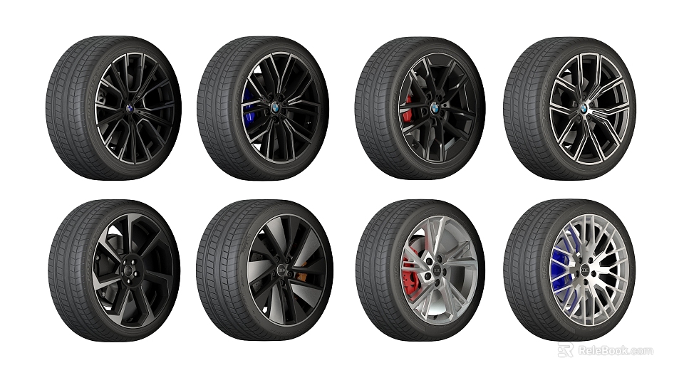 Tires with Various Stylish Alloy Wheel Designs and Color Accents for Vehicles 3d model 