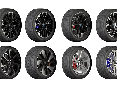 Tires with Various Stylish Alloy Wheel Designs and Color Accents for Vehicles 3d model
