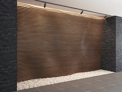 Modern Wooden Striped Accent Wall With Spotlights And Stone Panel Decor 3d model