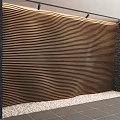 Modern Wooden Striped Accent Wall With Spotlights And Stone Panel Decor