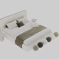 Modern White Double Bed With Upholstered Headboard Pillows Throw Blanket And Side Table