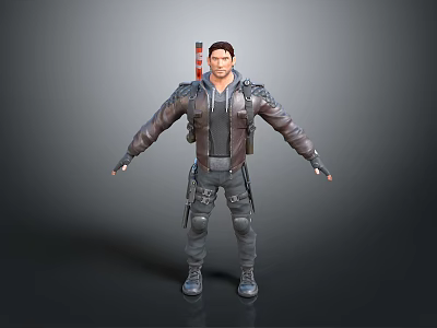 Man In Leather Jacket With Tactical Gear Knee Pads And Rifle On Back 3d model