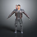 Man In Leather Jacket With Tactical Gear Knee Pads And Rifle On Back