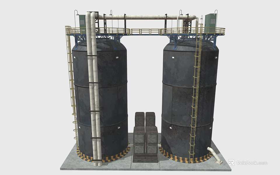 Industrial Storage Tanks With Ladders Pipes Top Platform And Bottom Warning Stripes Design 3d model 