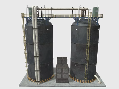 Industrial Storage Tanks With Ladders Pipes Top Platform And Bottom Warning Stripes Design 3d model
