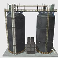 Industrial Storage Tanks With Ladders Pipes Top Platform And Bottom Warning Stripes Design