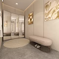 Elegant Modern Clothing Store Interior With Curved Sofa Decorative Paintings And Round Coffee Table