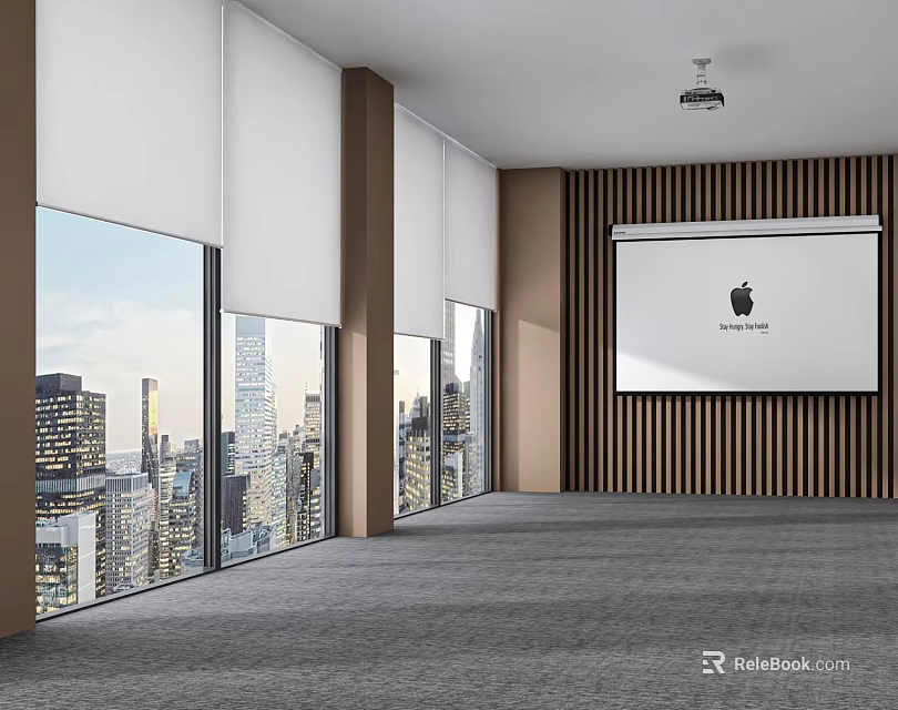 Projection Monitoring System In Modern Room With Wooden Wall Large Windows And City Skyline 3d model 