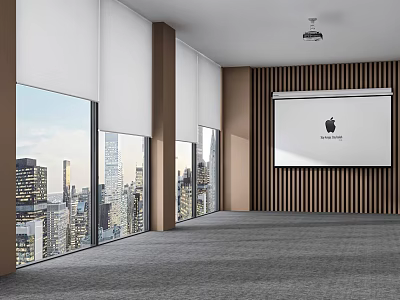 Projection Monitoring System In Modern Room With Wooden Wall Large Windows And City Skyline 3d model