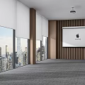 Projection Monitoring System In Modern Room With Wooden Wall Large Windows And City Skyline