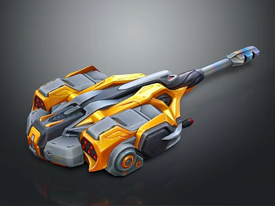 Futuristic Yellow And Gray Mechanical Device With Long Barrel And Complex Structure 3d model