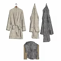 Hanging Robes in White Light Gray Dark Gray and Folded on Wooden Stool