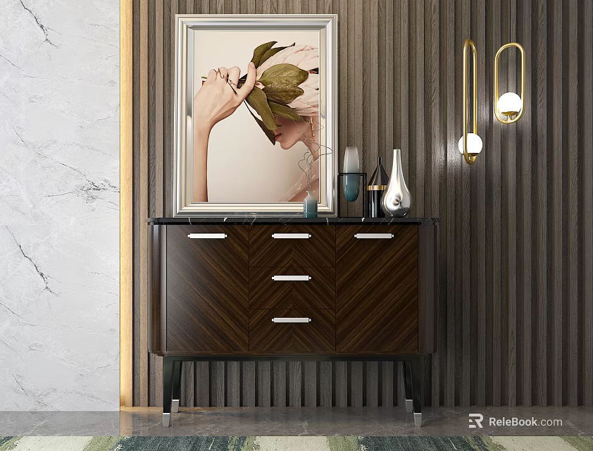 Elegant Brown Wooden Entryway Console Table With Chevron Drawers Framed Art Vases And Wall Lamps 3d model 
