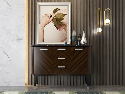 Elegant Brown Wooden Entryway Console Table With Chevron Drawers Framed Art Vases And Wall Lamps 3d model