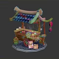 Traditional Chinese Food Stall With Blue Tiled Roof Red Lanterns And Food Signboard