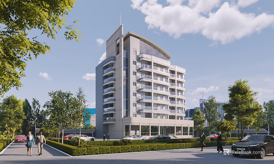 Modern Multi Story Office Building Surrounded By Greenery Lawns And People Walking 3d model 