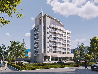 Modern Multi Story Office Building Surrounded By Greenery Lawns And People Walking 3d model