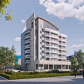 Modern Multi Story Office Building Surrounded By Greenery Lawns And People Walking
