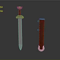 Ancient Weapon Sword With Metal Blade Golden Hilt And Red Leather Scabbard