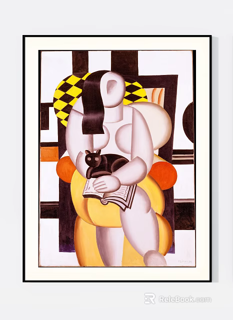 Abstract Painting with Geometric Patterns Figure Holding Book Yellow Black White Orange Tones 3d model 